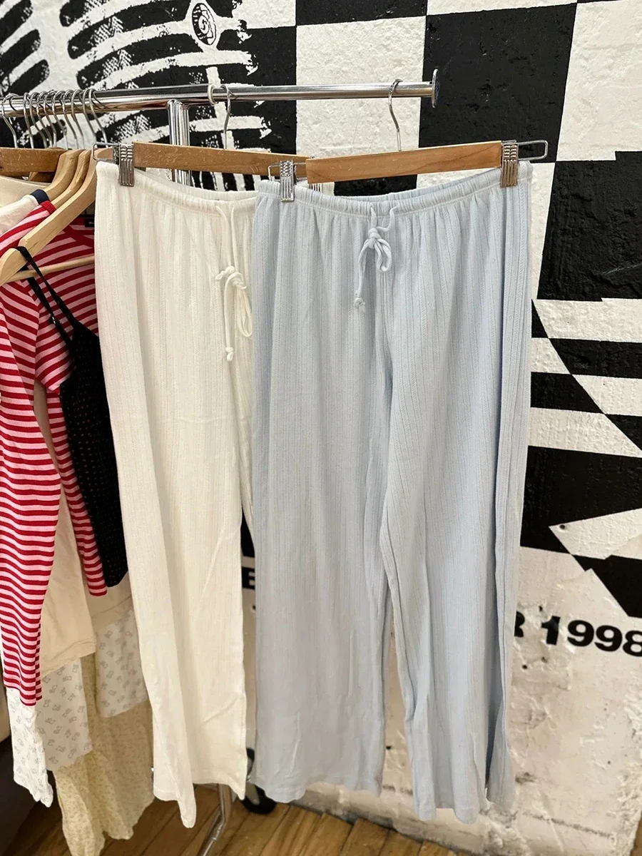 Eyelet Drawstring Straight Long Pants Women Autumn Simple High Waist Cotton Soft Trousers Sweet All-match Home Pajama Pants Y2K