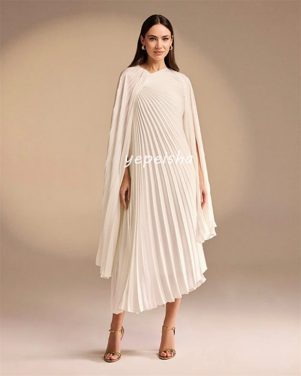 Customized Fashion Modern Style Chiffon Pleat Draped A-line High Collar Midi Dresses Bespoke Occasion Dresses Modern Style