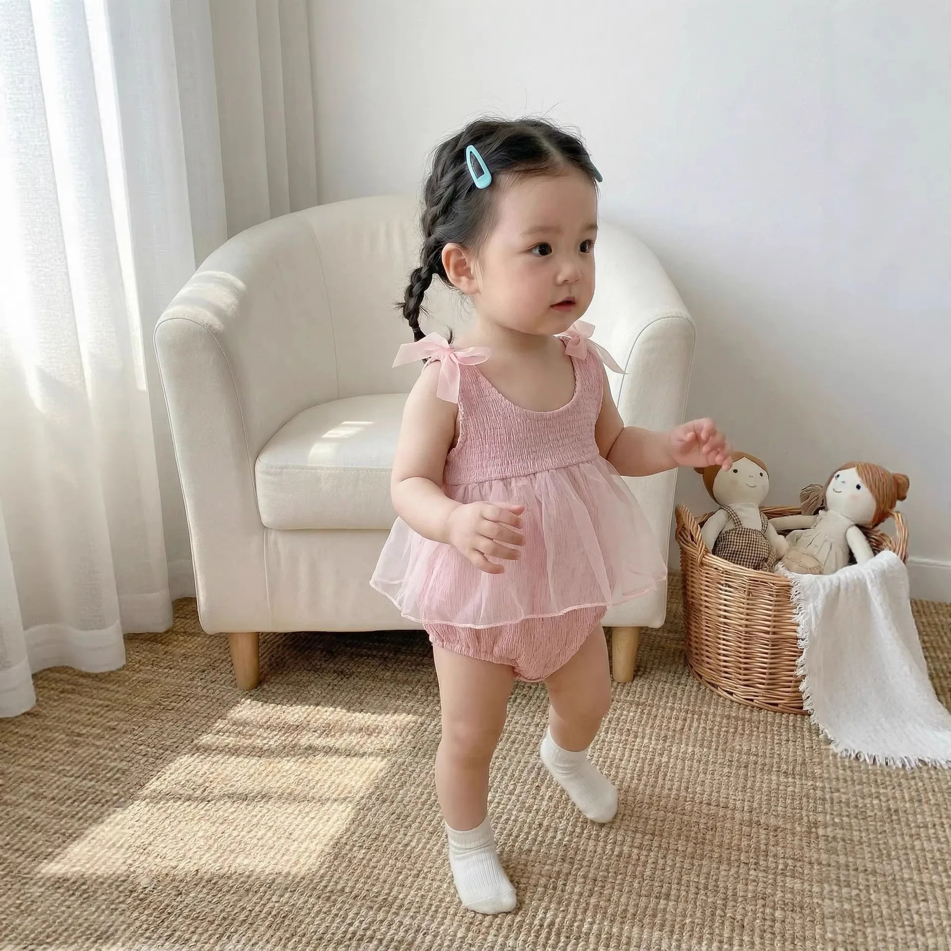 2026 Summer New Baby Girl Sleeveless Sling Bodysuit Sweet Princess Mesh Dress Girls Thin Bow Jumpsuit Cotton Toddler Clothes