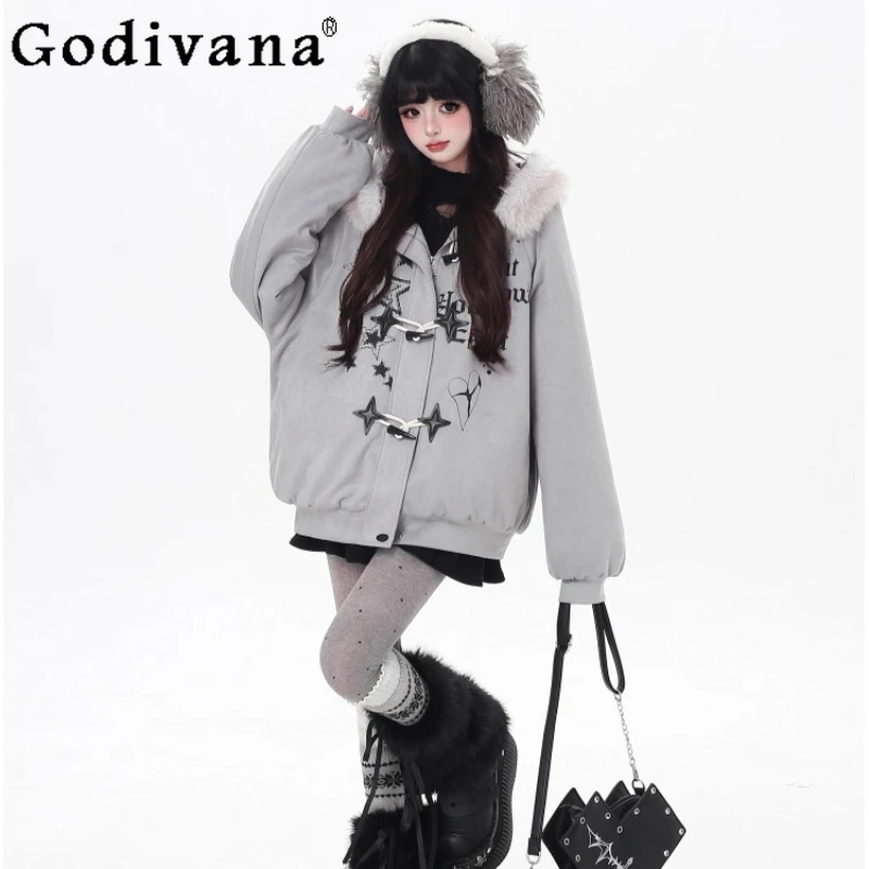 

Зимняя хлопковая стеганая куртка, женская оригинальная съемная свободная парка со звездами и буквами, женская свободная куртка с капюшоном в японском стиле