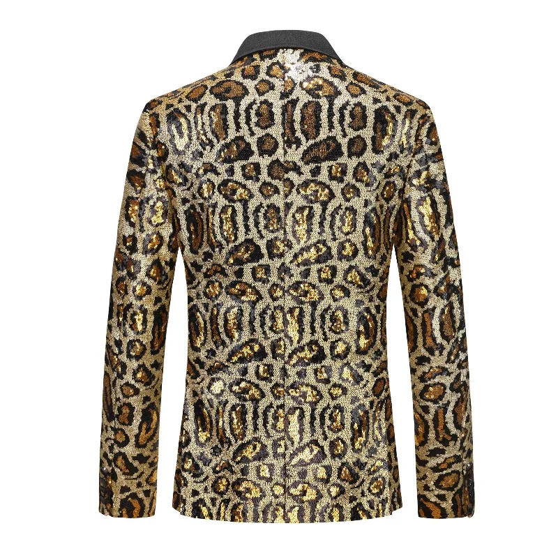 Men's Leopard Print Sequin Blazer One Button Slim Fit Suit Jacket for Party Prom Nightclub Stage Performance Disco Banquet
