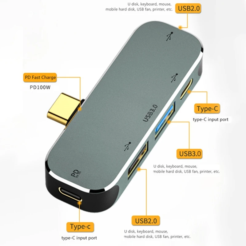 A48R-PC Computer Type-C Extension Hub 5 In 1 3.55Mm Jack PD100W USB3.0/USB3.1 -Compatible USB Extender