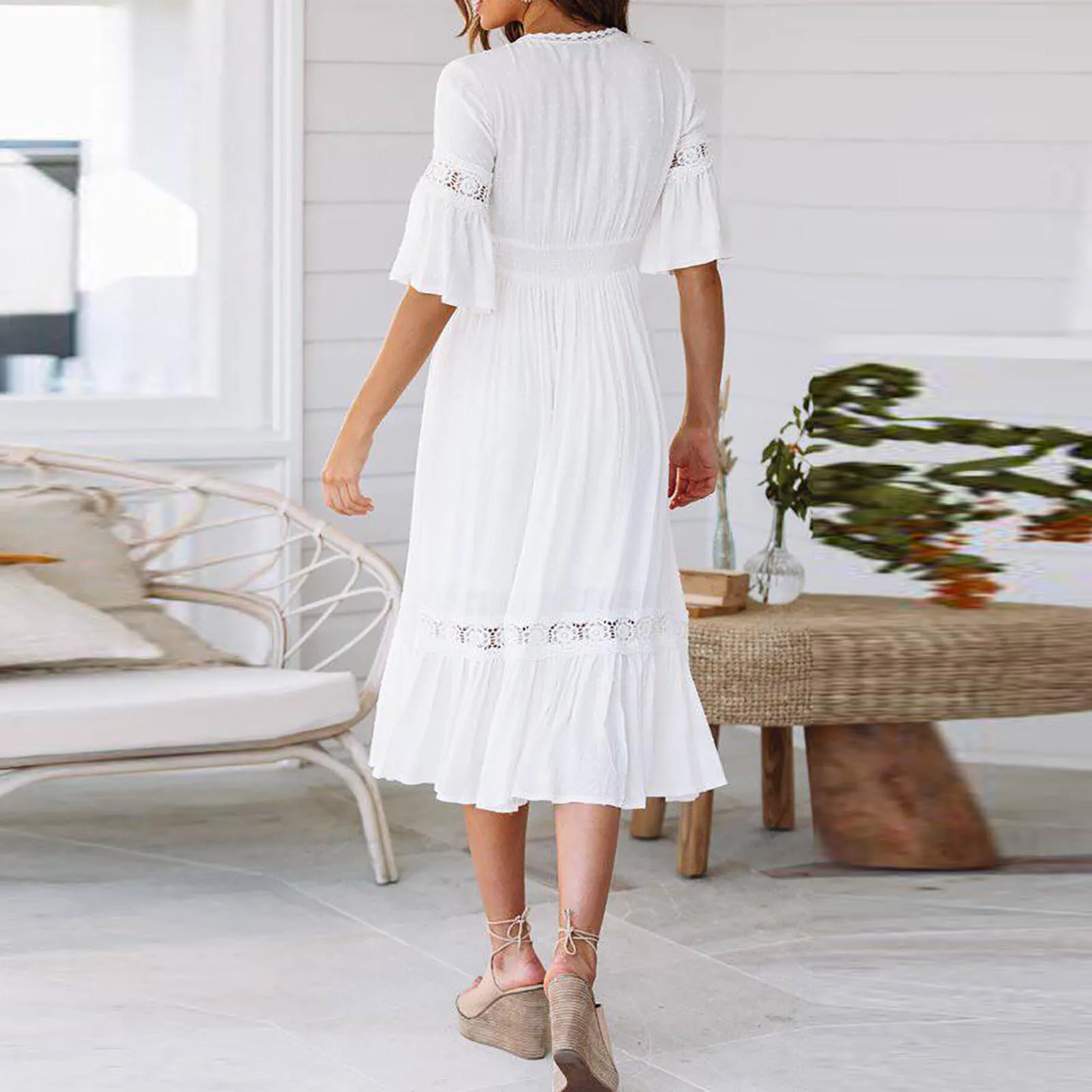 Summer White Long Dress Women Boho Hollow Out A Line Ruffles Dress Short Sleeve V-Neck Loose Fashion Casual Elegant Woman Dress