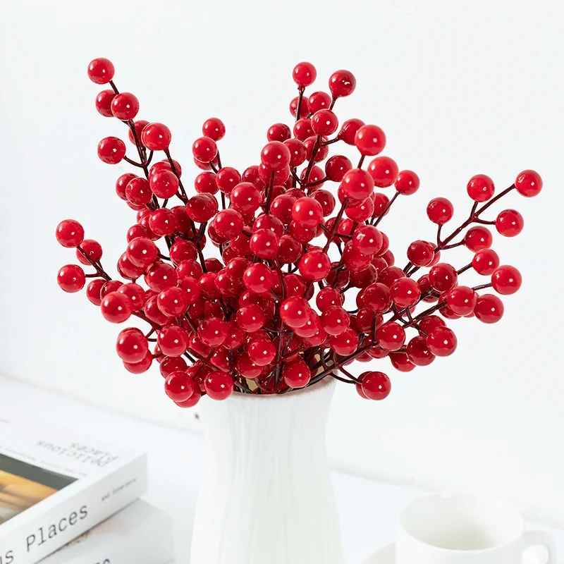 50/1Pcs Christmas Artificial Berries Simulation Holly Berry Branch 12Heads Fake Red Berries Stems DIY Wreath Christmas Ornaments