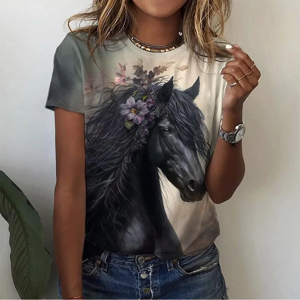 Fashion women's T-shirt 3D horse print Kawaii T-shirt women's casual wear summer women's oversized retro casual top