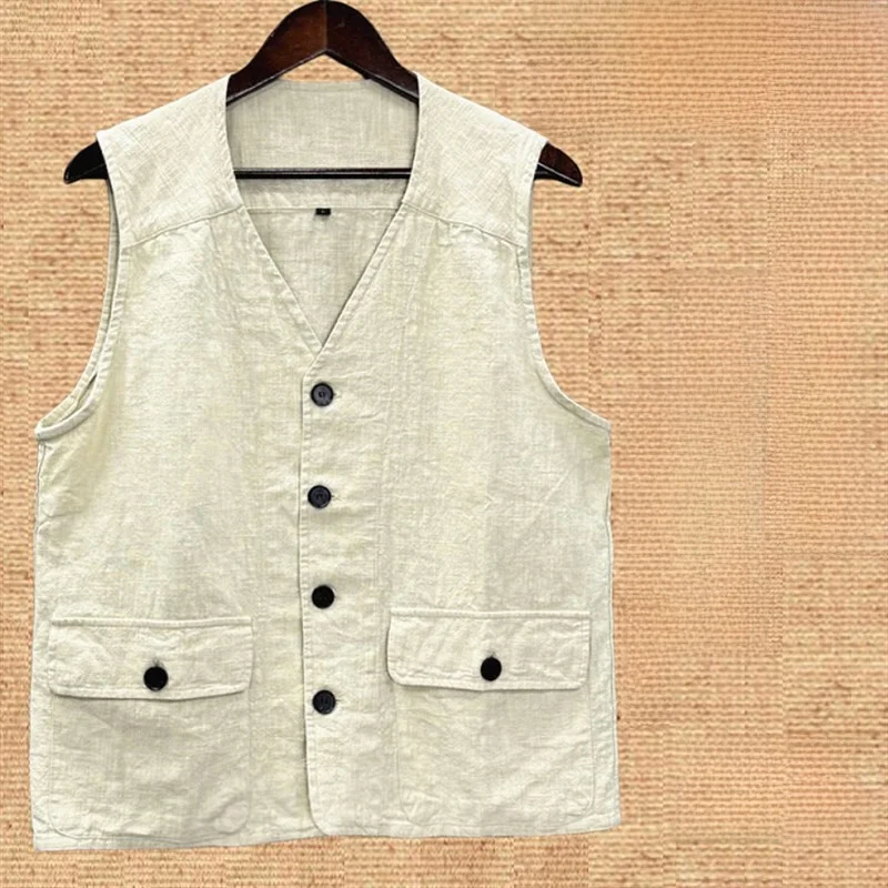 

Retro Pure Linen Thin Summer Men's Vest Loose Fit Svel Jaet New Chinese Sle Tang Costume Faion Urban Casual Wear