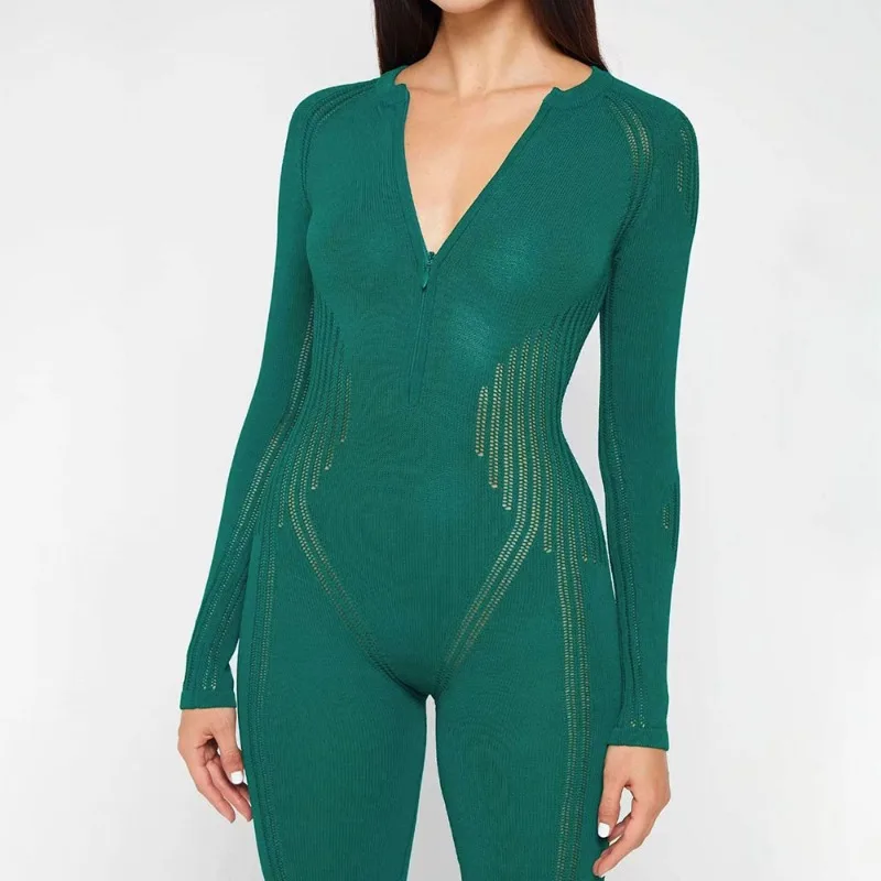 

Европейско-американский сексуальный облегающий трикотажный комбинезон для женщин в спортивном стиле, с вырезами, цельный, зеленый, на молнии, с длинными рукавами
