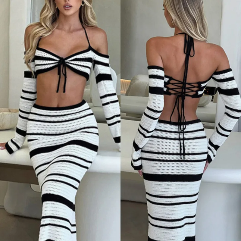 

Striped Knitted Hollow Dress Set Women 2024 America Striped Off Shoulder Tie Hanging Neck Strap Long Sleeve A-line Skirt New