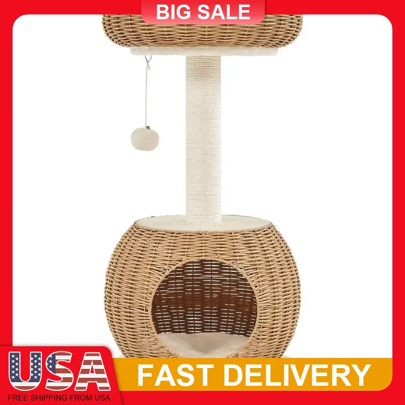 

29 Inch Rattan Cat Tree with Sisal Scratching Post Cozy Basket Bed Condo Hanging Toy for Small Cats Beige Home Decor