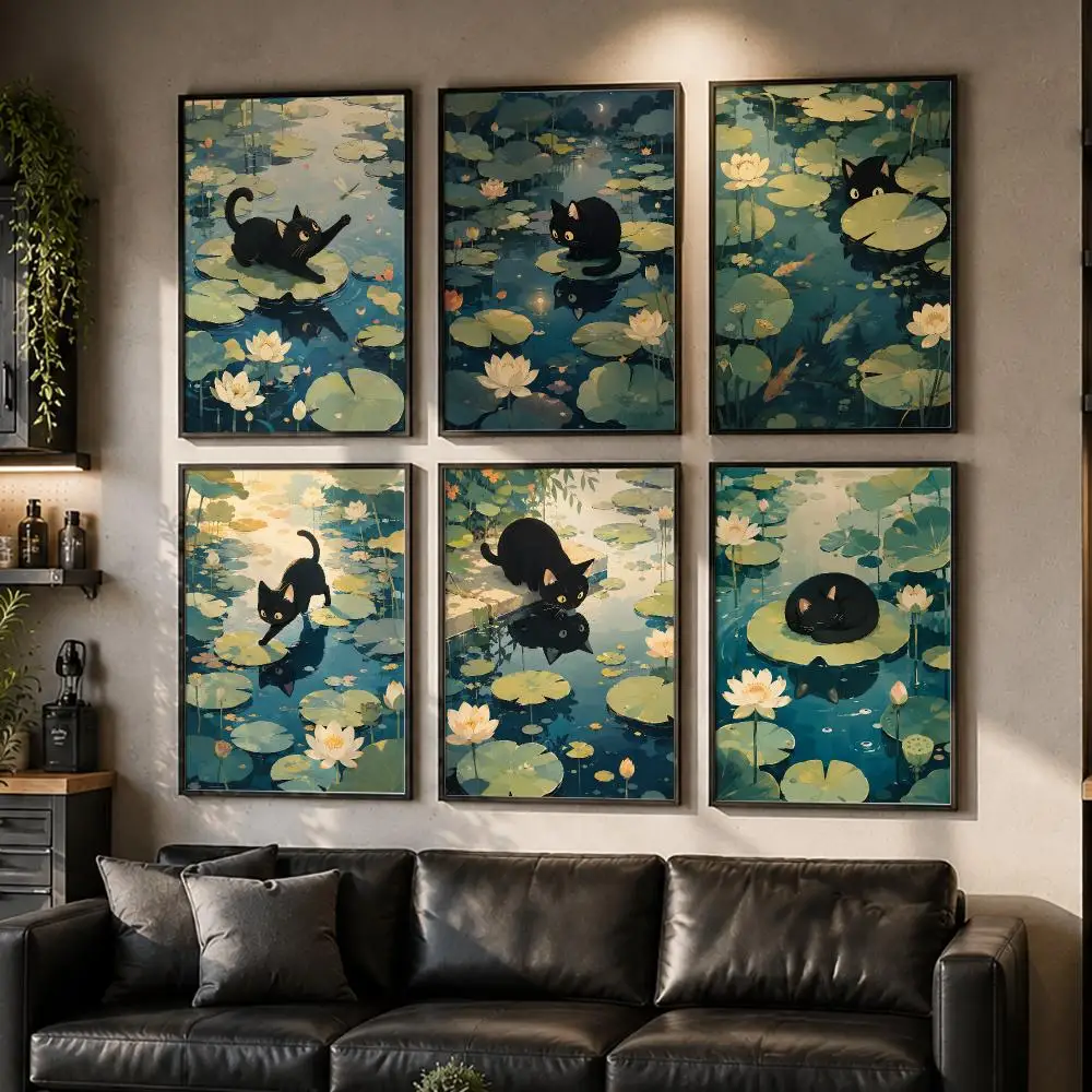 Lotus Pond Cat Poster Wall Decor Self-Adhesive Aesthetic Modern Vibe Stylish Gift Friends Using Living Room Bedroom