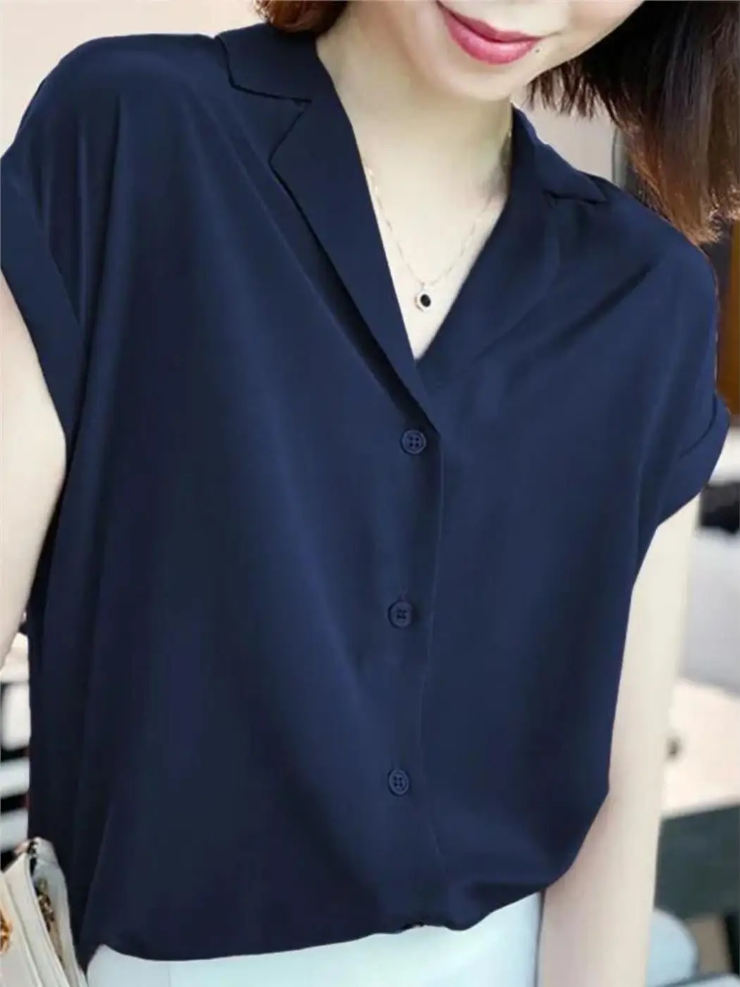 

High-End Ice Silk Chiffon Summer irt Loose ort Sve Women's Faion Casual Busin Sle plus Size Cover Belly Top