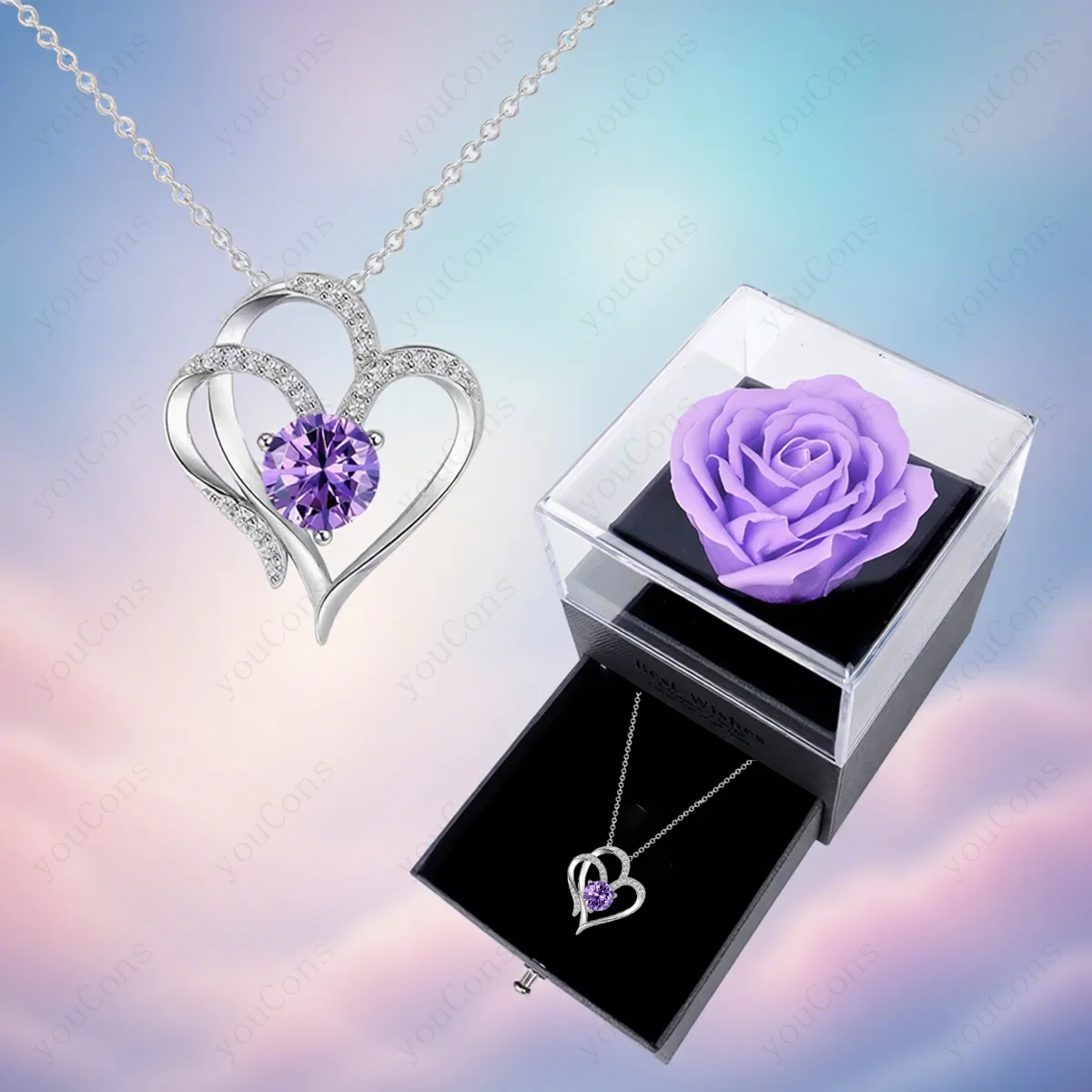 الأرجواني الزركون القلب قلادة قلادة مع صندوق الورد 2025 مجموعة مجوهرات راقية لصديقة عيد الميلاد عيد الحب هدية عيد ميلاد