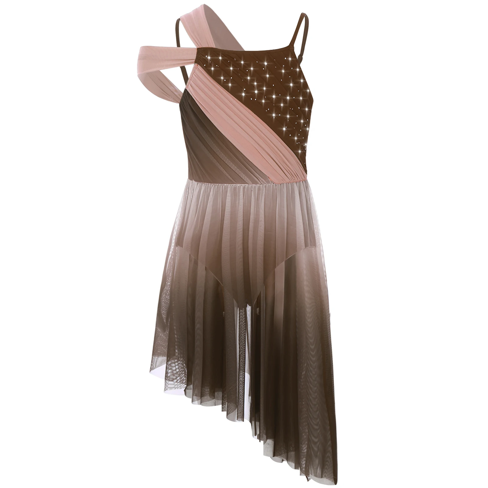 

Kids Girls Gradient Color Ballet Lyrical Dance Dress Shiny Rhinestone Sheer Mesh Asymmetrical Hem Dress Figure Skating Dancewear