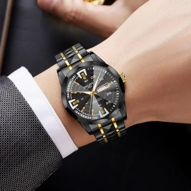Men's Watch, Dual Calendar Luminous Fashion Rhombus Alloy Steel Belt Quartz Watch