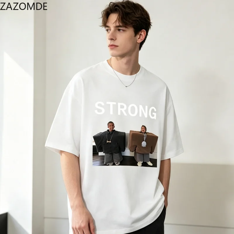 ZAZOMDE 2026 New Lazy Casual STRONG Humor Meme Pattern T-shirt Men Women Loose Fit Short Sleeve Basic O-neck Daily Commute Tops
