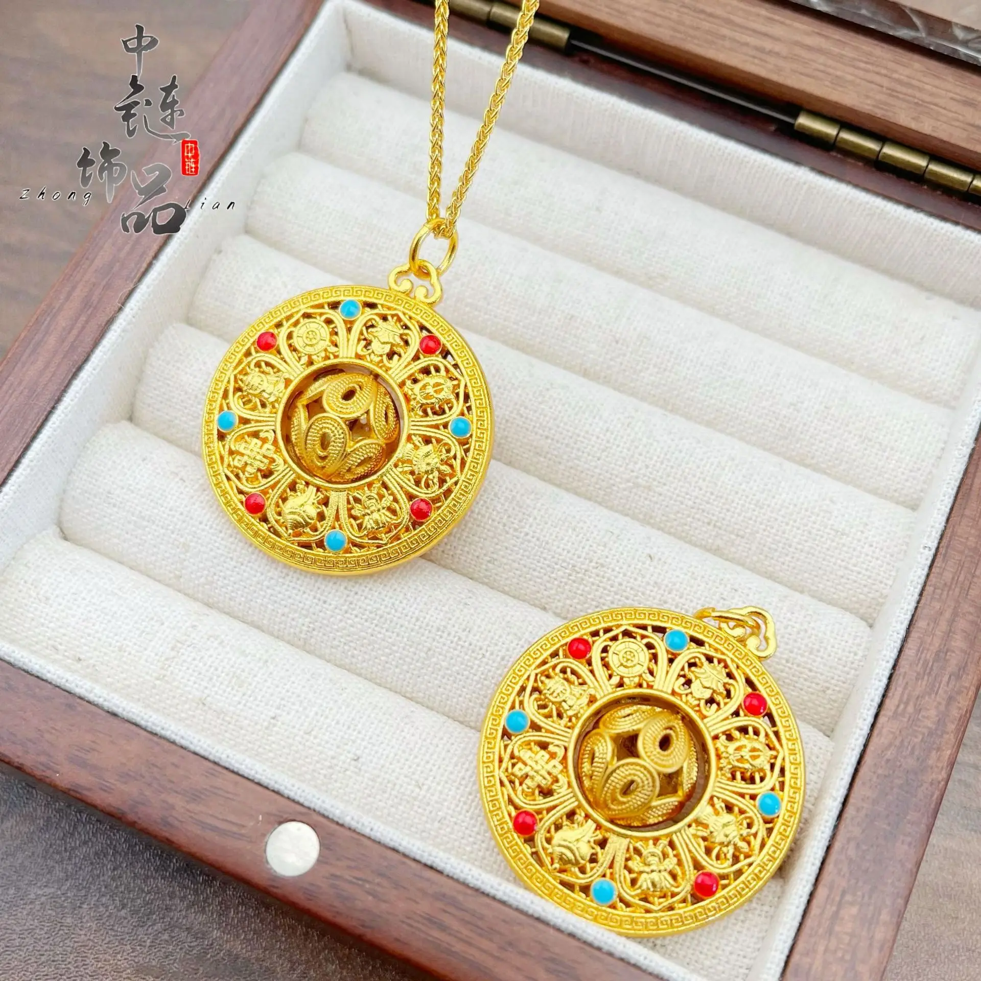 9999 gold rotatable Baogui Xinrui Compass Pendant, Porcelain Beaded Baogui Compass Pendant