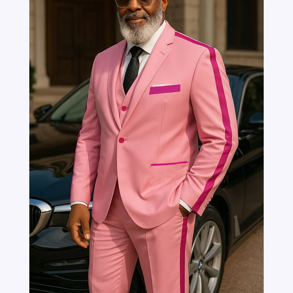 

Fashion Pink Men's Suits Slim Fit 3 Piece Single Breasted Notch Lapel Man Suit Banquet Formal Party Jacket Pants Vest Sets