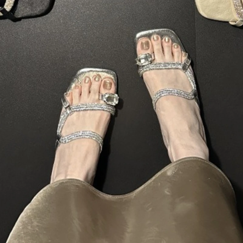 

Summer 2025 Style Low Heel Slip-On Shoes Women Rhinestones Square Head Outdoor Wearable Comfortable Thick Heel