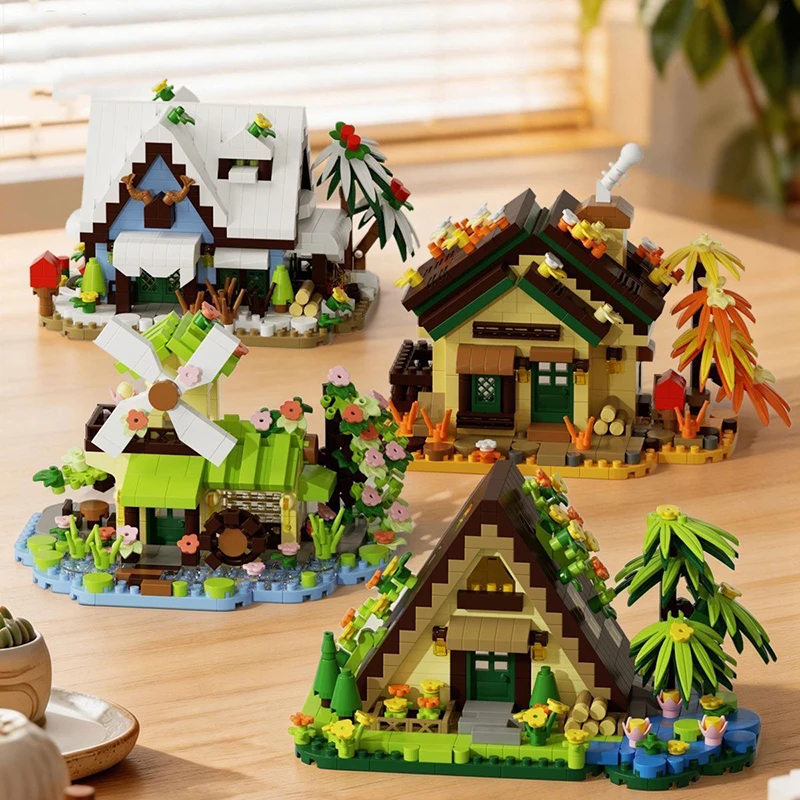4 Style Four-Season Cottage Forest Cabin Building Block Set Miniature Windmill Tree House Model, DIY Assembly Toy Xmas Gift