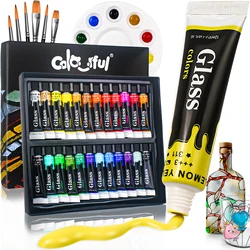 12mL 24 Color Stain Glass Paint Set with 6 Nylon Brushes, 1 Palette, Waterproof Acrylic Painting Kit for Kids Students Beginners