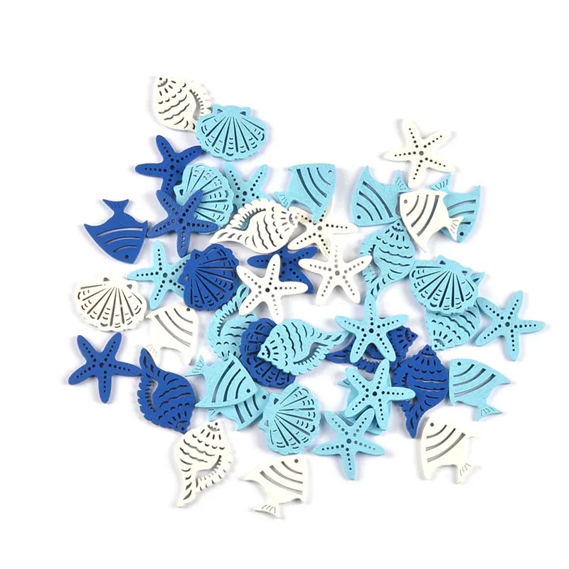 10/25pcs 3-6cm Mixed Blue White Fish/Seashells/Starfish Wood Slices DIY Scrapbook Crafts Wooden Hanging Ornaments Home Decor