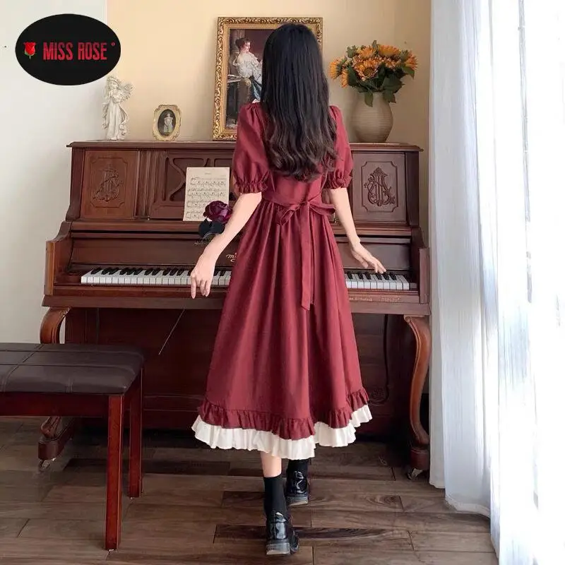 Women Lady Girl Wine Red Long Midi Dress Summer Autumn Winter JK Sailor Uniform Party Club Banquet Dinner Palace Gothic Dresses