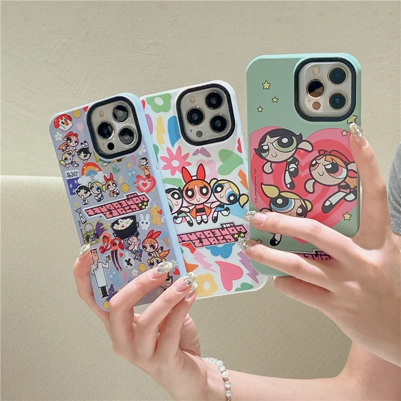 Capa de telefone de alívio 3D dos desenhos animados P-Powerpuff Girls para iPhone, capa de pano de veludo líquido bonito, 15, 14, 13, 12, 11 Pro Max, Plus, X, XS, XR