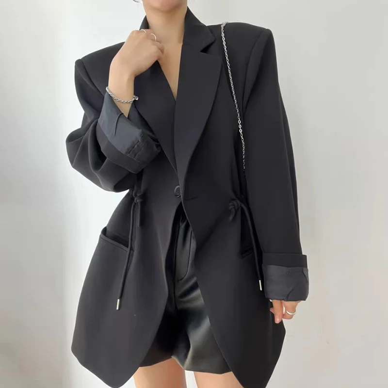 Suit Collar Drawstring Waist Pocket Versatile Mid Length Jacket Chaquetas Para Mujer Casual Blazers Black Tops Ropa Lady Women