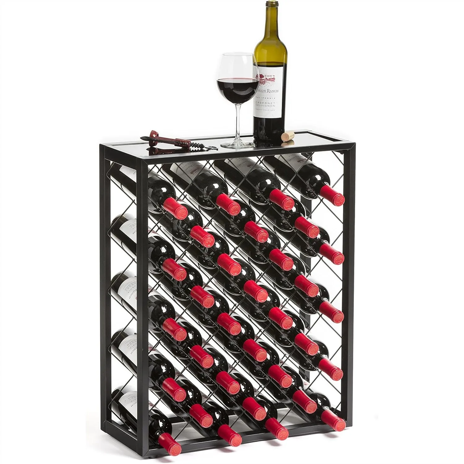 

32 Bottle Wine Rack with Black Glass Top Shelf, Free Standing for Home Kitchen Bar