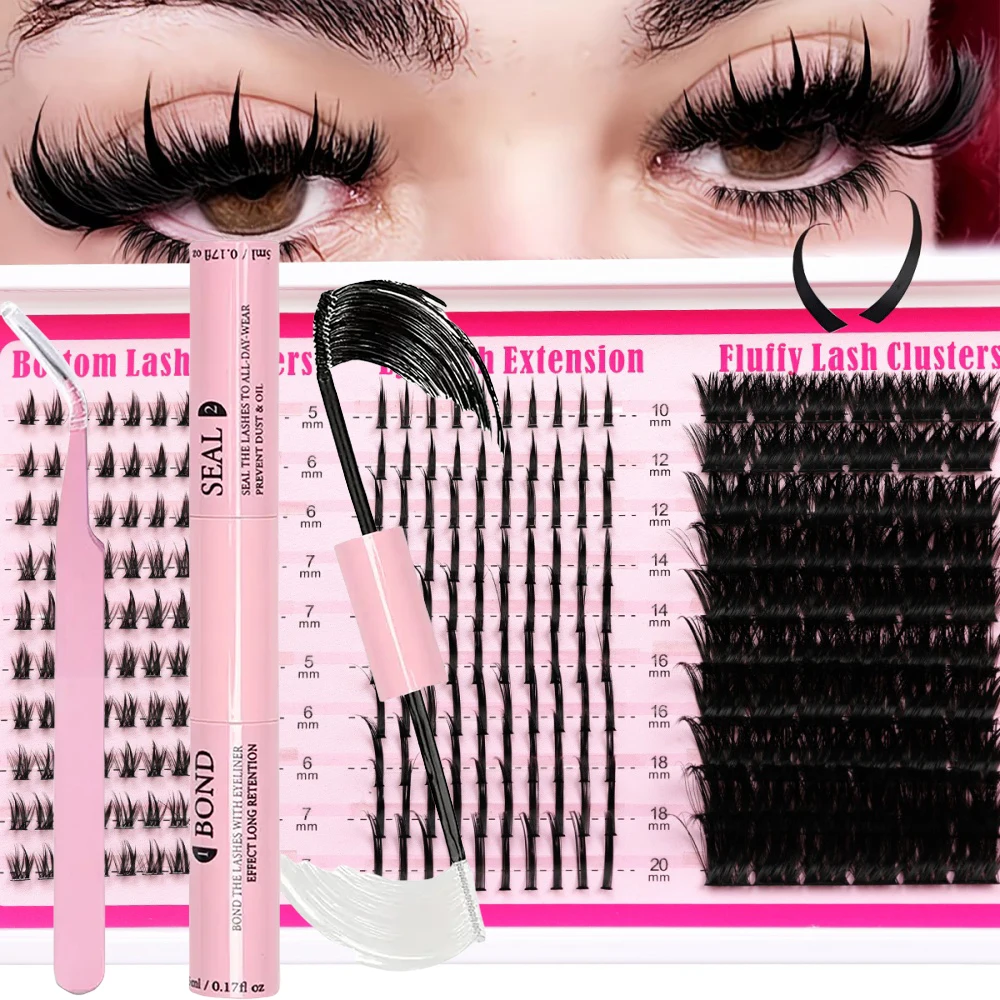 1 Box DIY Cluster Falsche Wimpern Set - Feenwimpern (oben & unten) + Doppelkopf-Kleber + Spezial-Wimpernzange Gemischtes Paket