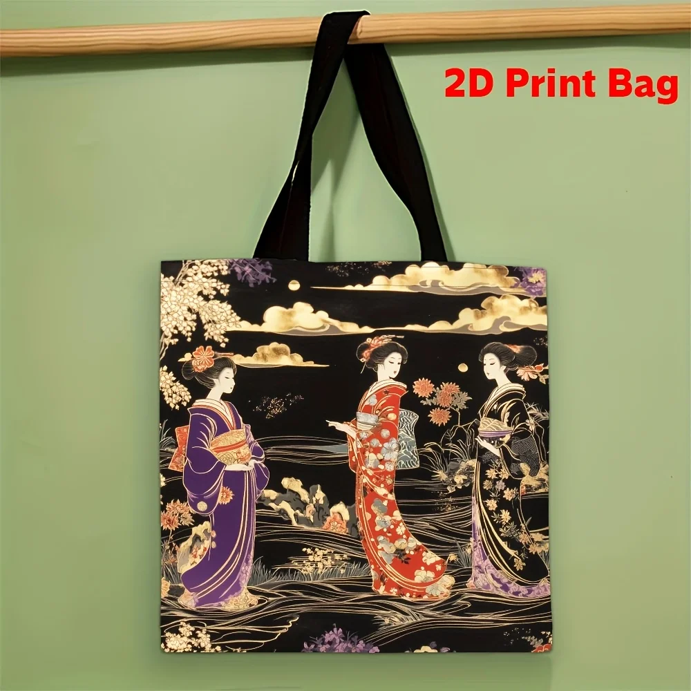 1pc Thickened Lightweight Capacity Tote Bag Black Background Japanese Ukiyo-E Kimono Geisha Gilded Cherry Blossom Shoulder Bag