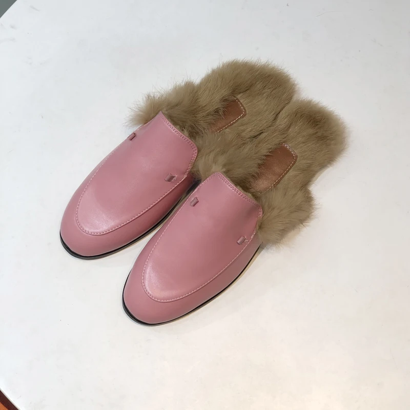 Covered Toe Casual Real Fur Mullers Sandals New Slippers Women leather Flat Shoes Backless Slip on Loafers Ladies Outdoor shoes