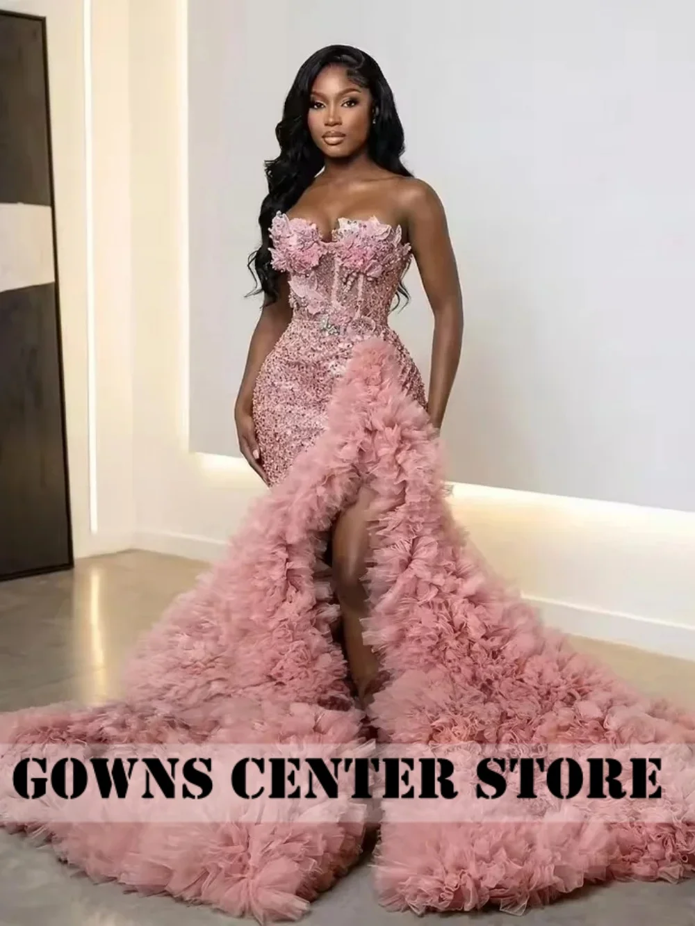 Blush Pink Mermaid Diamond Prom Dress For Black Girl Puffy Floral Ruffled Tulle High Slit Evening Gown Party Dress Customized
