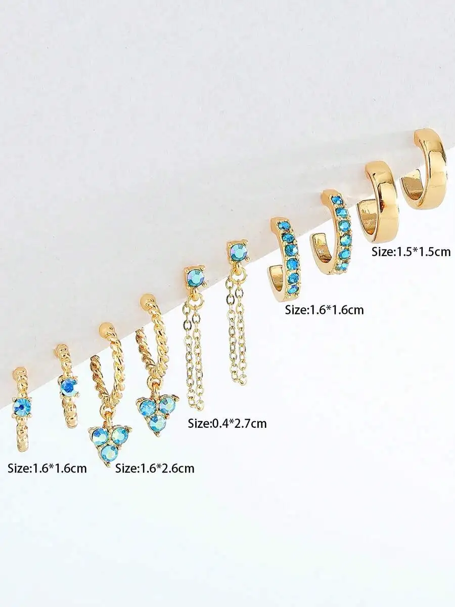 

5 Pairs Blue Rhinestone Ear Cuffs And Stud Earrings Set For Women