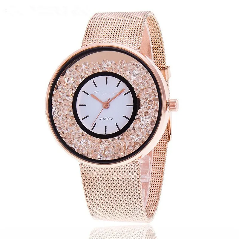 MINHIN Brand Design Stainless Steel Watch Gold & Rose Gold & Silver Colors Wrist Wtach Women Rhinestone Mesh Band Quartz Watch