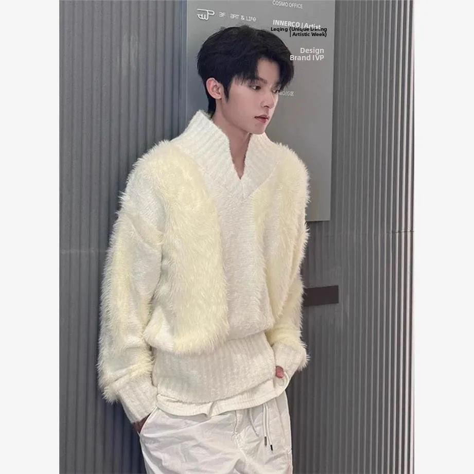 

Мужской вязаный свитер из имитации норки, осенне-зимний, с V-образным вырезом, пушистый, в стиле пэчворк, Cleanfit, верхняя одежда для мужчин среднего и пожилого возраста