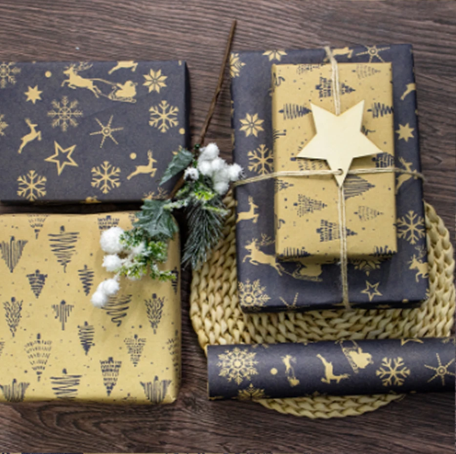 Papier d'emballage cadeau de noël, Bouquet imprimé Double face, papier d'emballage Kraft pour cadeau, papier décoratif pour fête de noël et du nouvel an