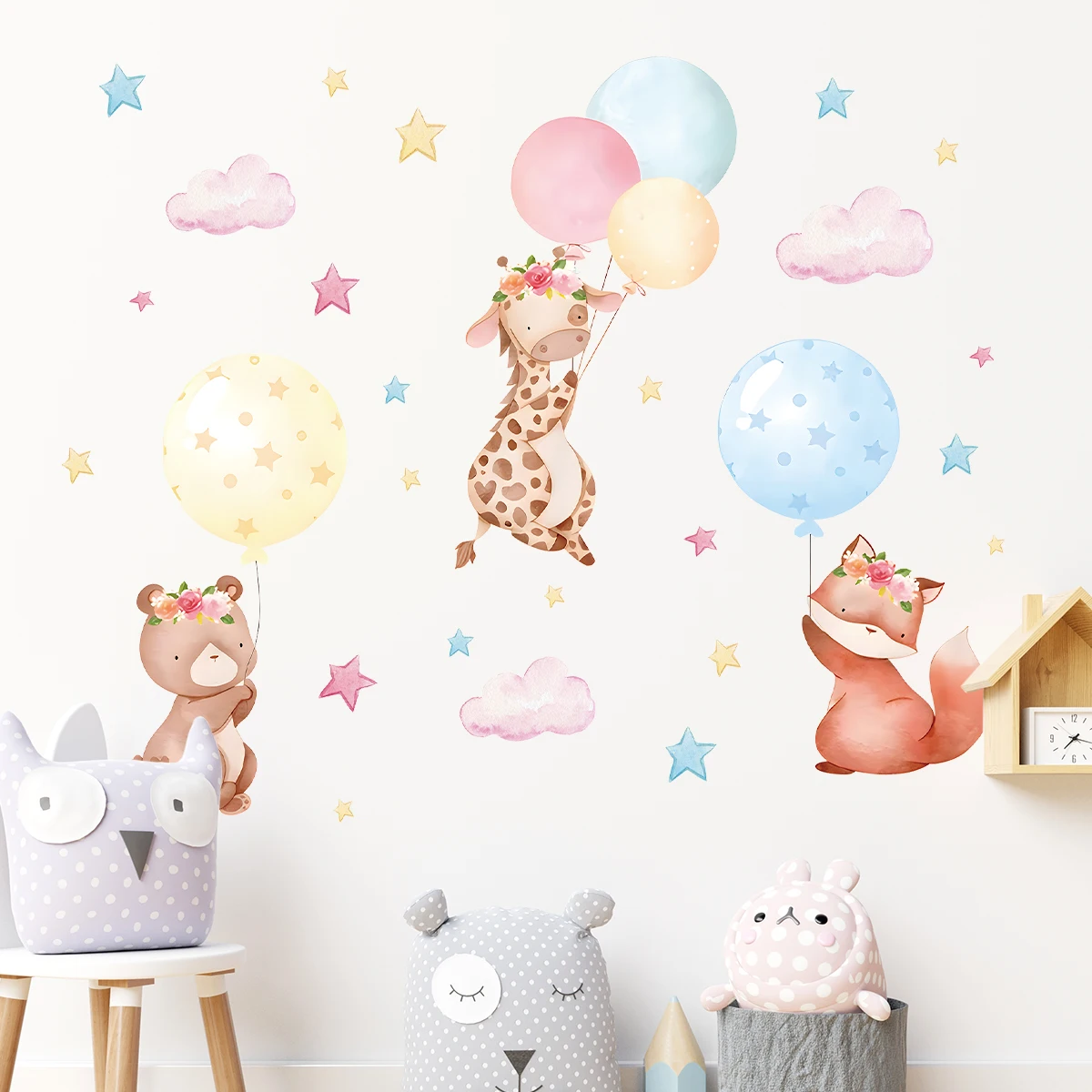 1Pc Cartoon Cute Animals Rabbit Balloon Wall Sticker Decoration for Bedroom Girls Gift Wall Art Home Decor Living Room Kids Room