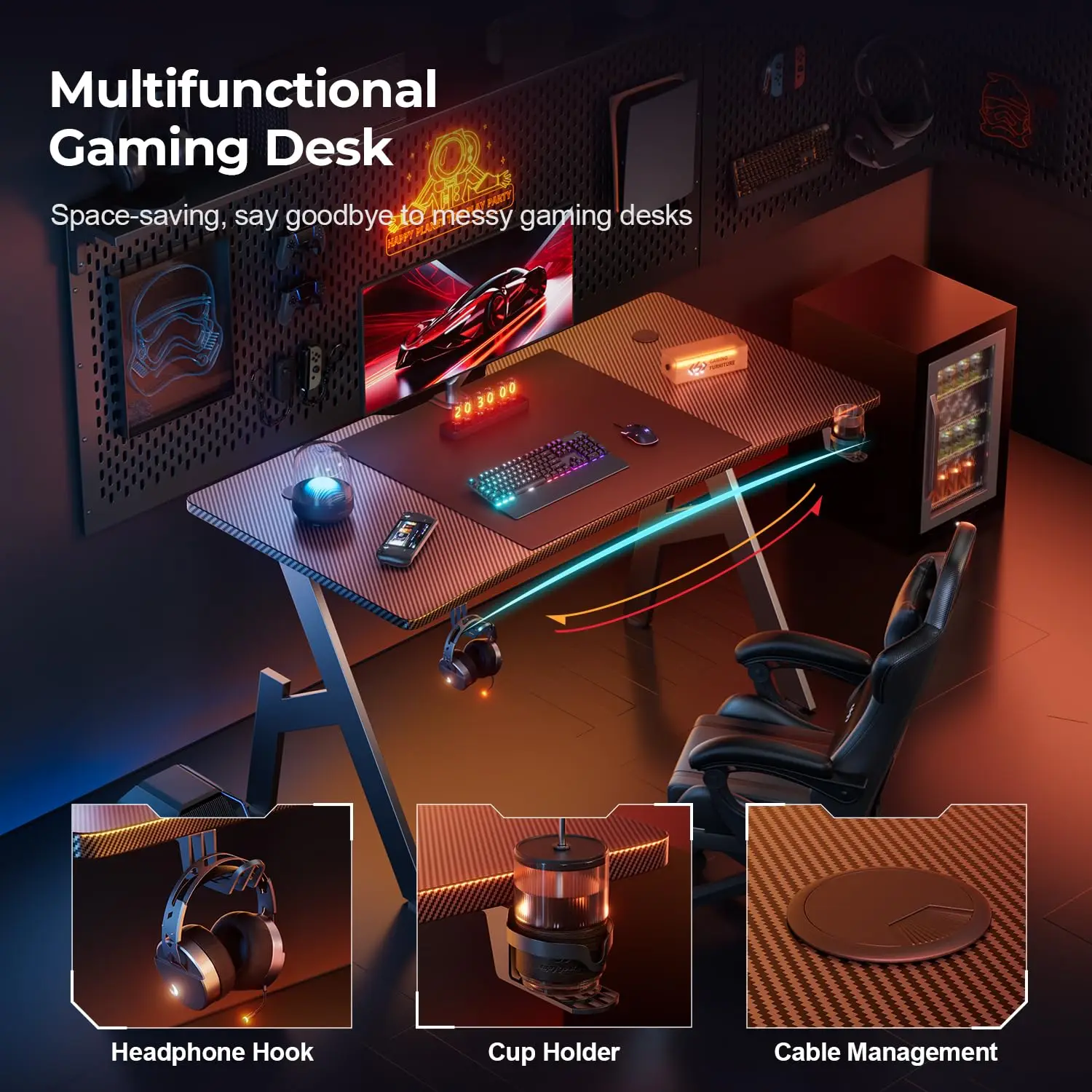 80/100/120/140cm Gaming Desk, A-Shaped Office Desk with Cup Holder Headphone, Modern Carbon Fiber Mesa Gamer for Home Office image 5