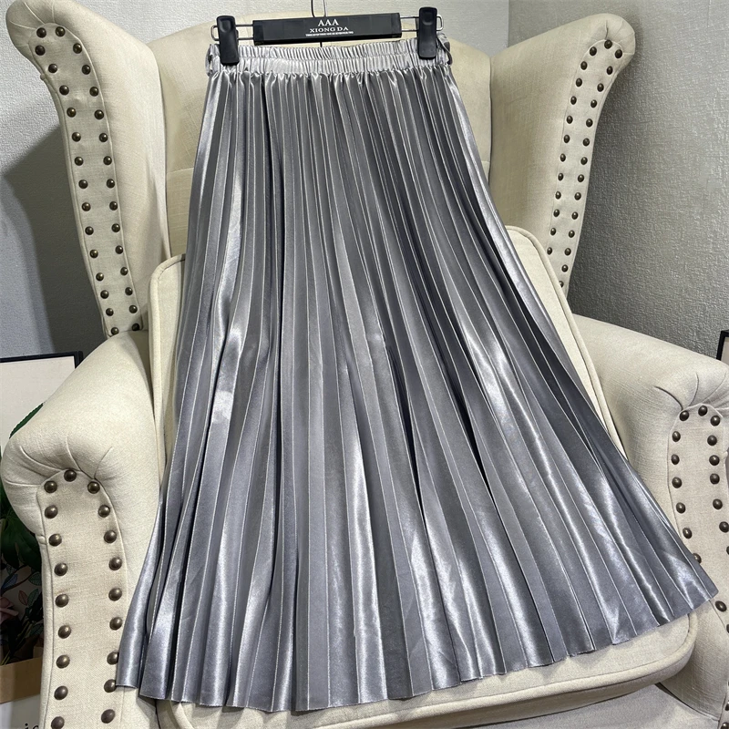 Ele A-Linie Midirock, hohe Taille, plissiert, schlankmachender Regenschirmrock, weiche Satinfarbe, Pendler-Sle für den Sommer 2024