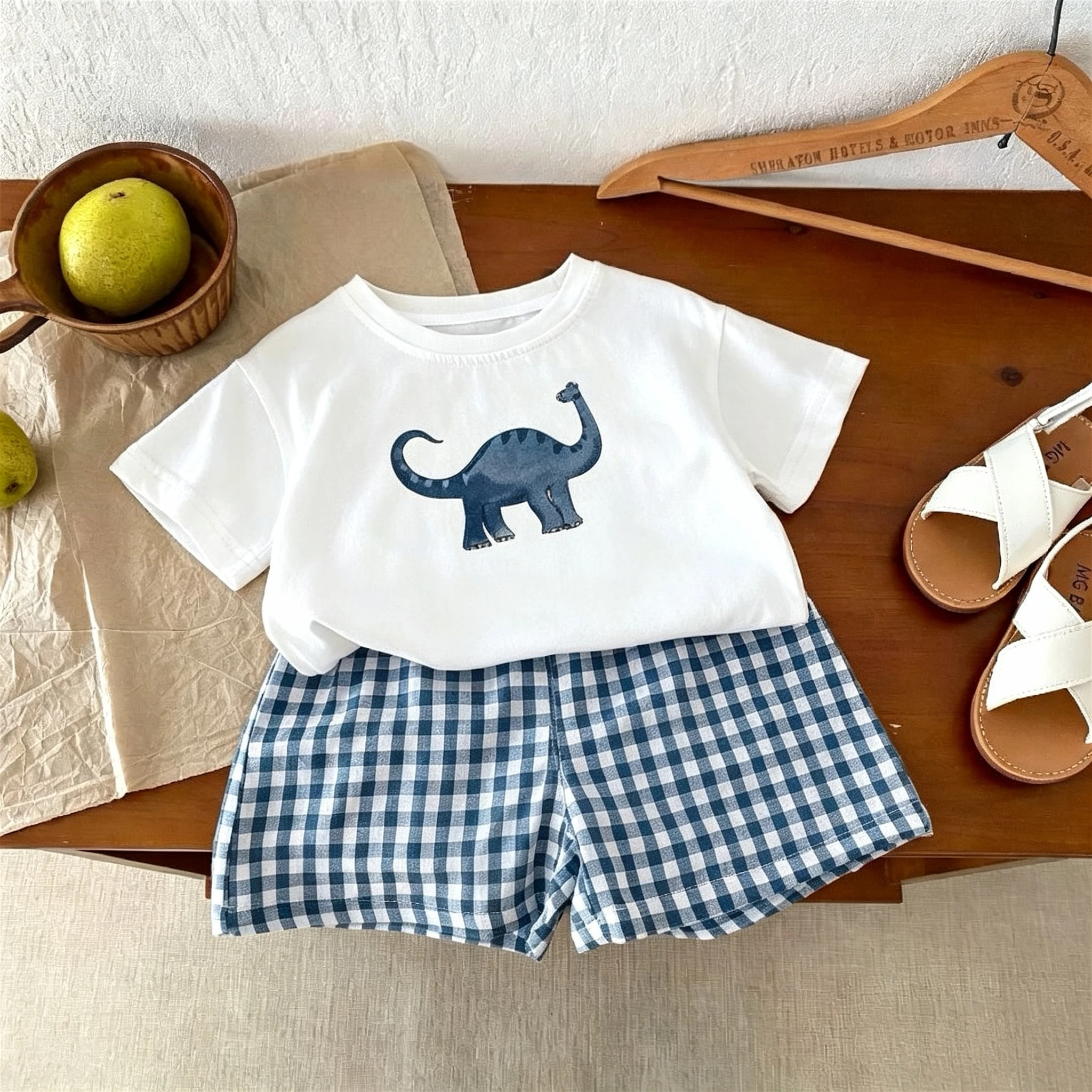 1-6 Year Old Children's Clothes Dinosaur T-shirt Set Summer Thin Casual Kids Short Sleeve Tees + Plaid Shorts Girl Boy 2pc/set