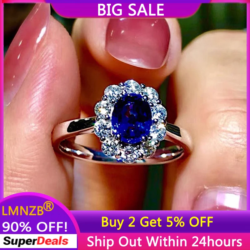 Original Certified Tibetan Silver Imitation Sapphire Ring For Women Trendy Jewelry Blue Zircon Flower Shaped Engagement Band