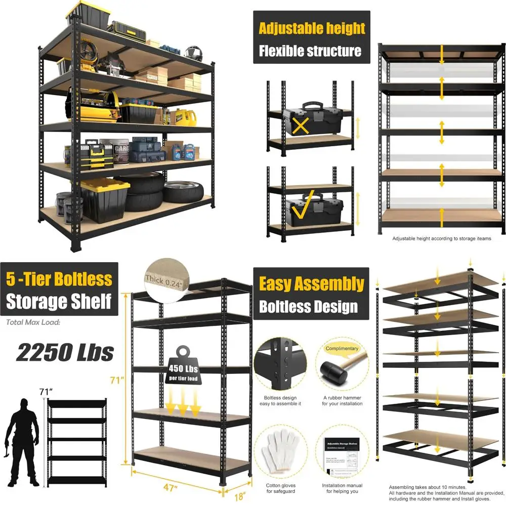 Adjustable 5 Tier Heavy Duty Metal Garage Storage Rack - 47W x 18D x 71H, Utility Shelf Unit for Warehouse Organization