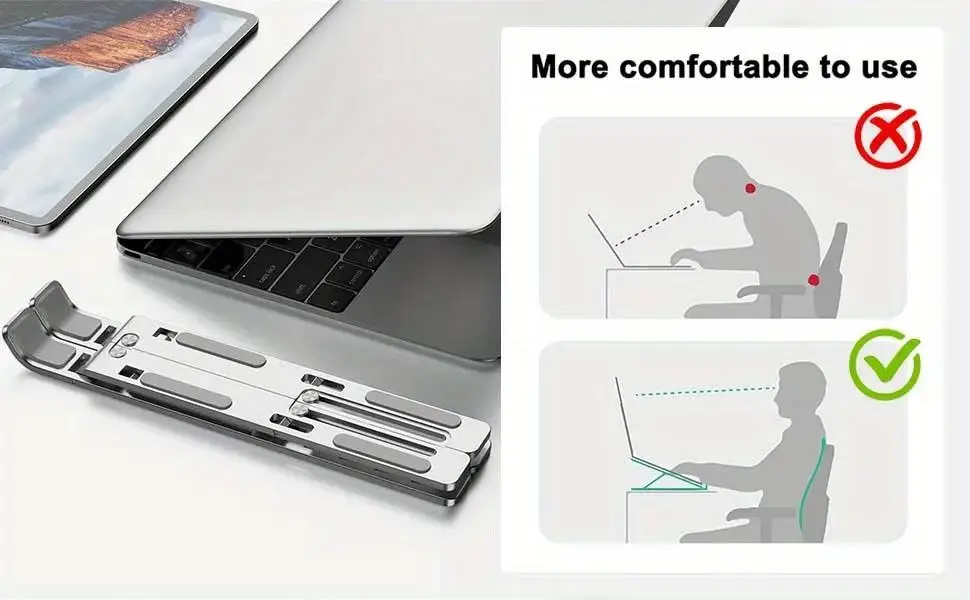 adjustable silver aluminum laptop stand with a sleek foldable design and textured grip areas for stability and portability.