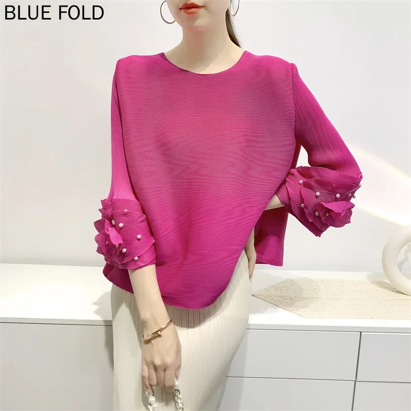 New T-shirt Top Female Nailed Beads Loose Pleated Clothes Toothpick Pleats Comfortable Casual MIYAKE PLEATS Crop Top Blusas