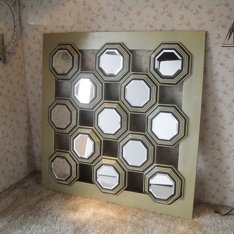 Neoclassical mirror, porch mirror, living room background wall decoration, circular square wall decoration