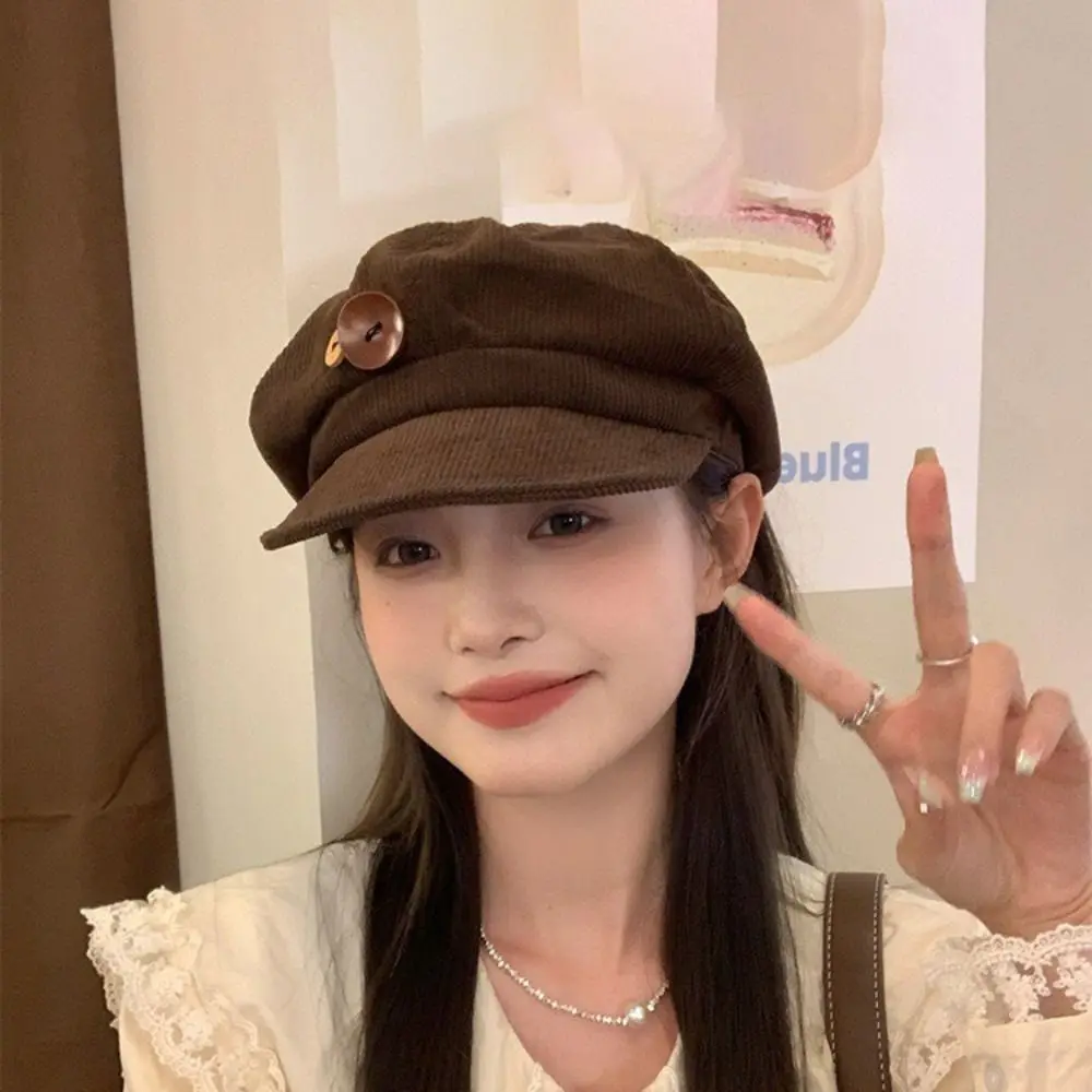 Double Button Decoration Corduroy Baseball Caps Windproof Keep Warm Octagonal Hat Adjustable Beret Autumn Winter Sun Cap Outdoor