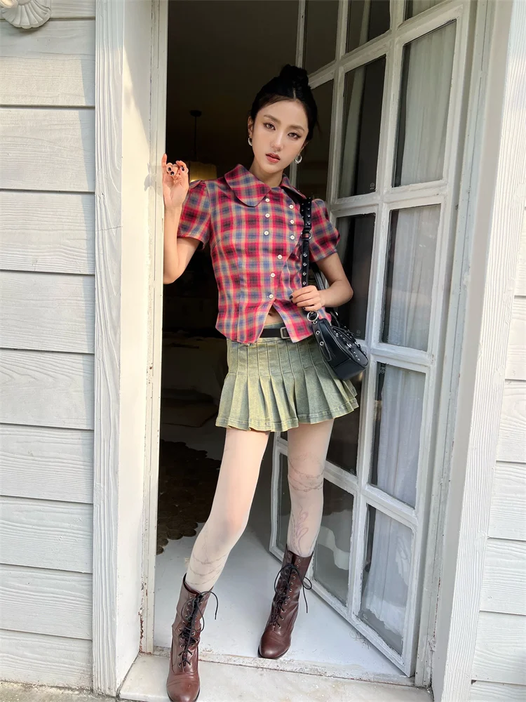 CHEERART Vintage Plaid Buffalo Peter Pan Collar Puff Sleeve Button Up Shirt For Women 2023 Summer Top And Blouse French Style