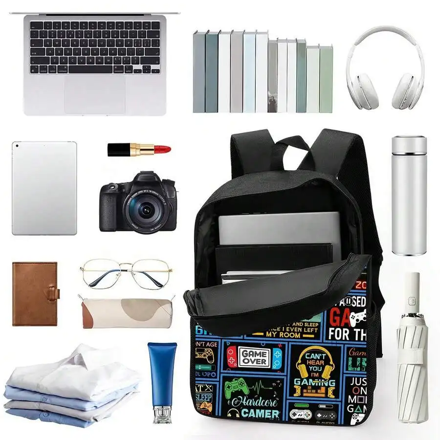 17 Inch Lightweight Black Backpack With Digital Print Adjustable Strap Unisex Casual Travel School Bag