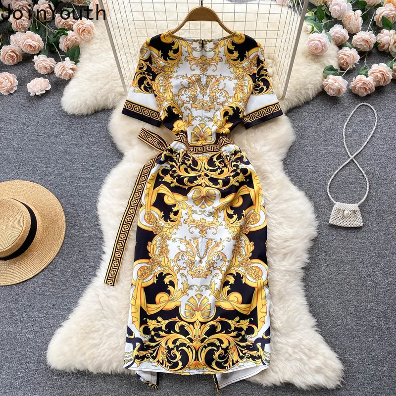 Ropa Mujer Summer Dress Women Print Vestido Round Neck Long Sleeve Lace Waist Slim Robe High-end Temperament Package Hip Dress